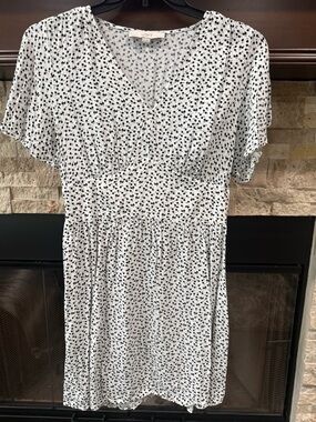 LOFT White Dress with Black Dot Print V-Neck Flutter Sleeve